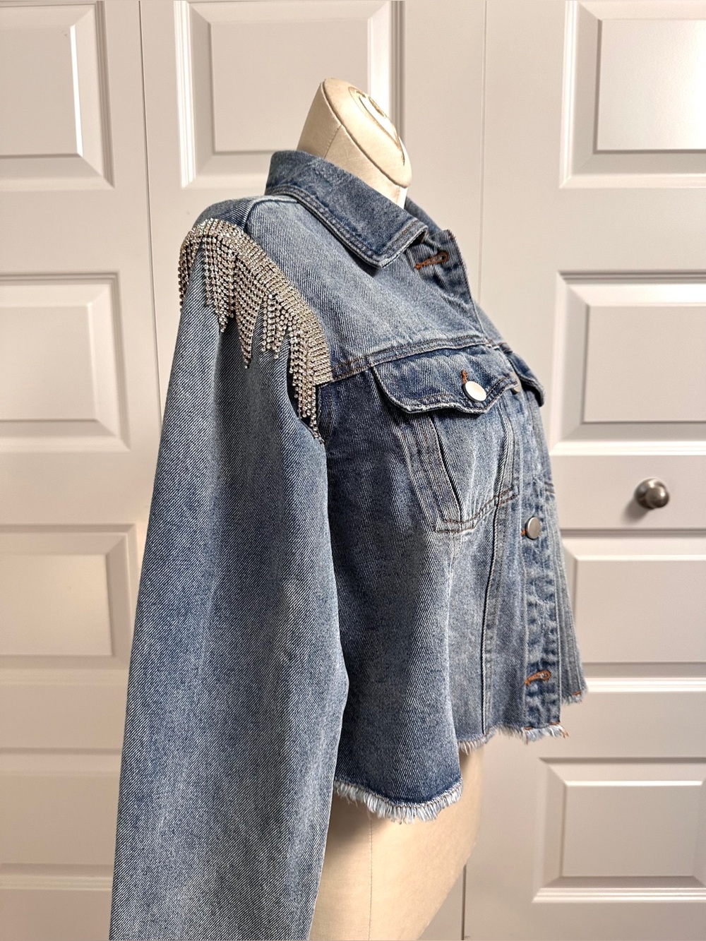 Blue B Cropped Women's Size S Denim Jacket with Rhinestone Shoulder Fringe